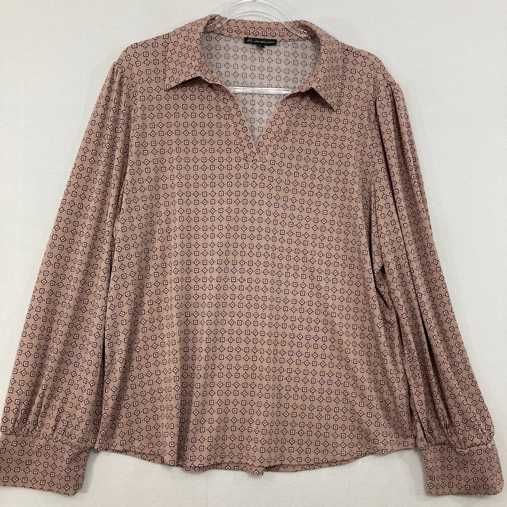 Adrianna Papell size XL Dusty Pink Geometric Print Collar Stretch Knit‎ Top Work